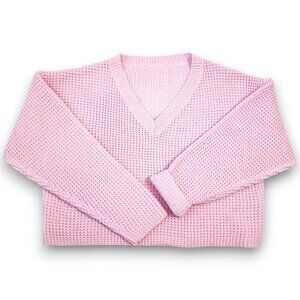 Waffle Knit Sweater- SMALL-Womens- Pink- Cropped Pullover Long Sleeve NWOT